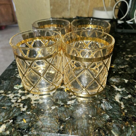 4 Altuzarra 18K Gold Lattice Low Ball Cocktail Glasses Hollywood Regency VTG - Picture 1 of 7